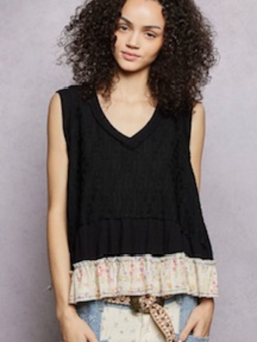 NWOT POL Black Tank Top with Floral Ruffle size- MEDIUM